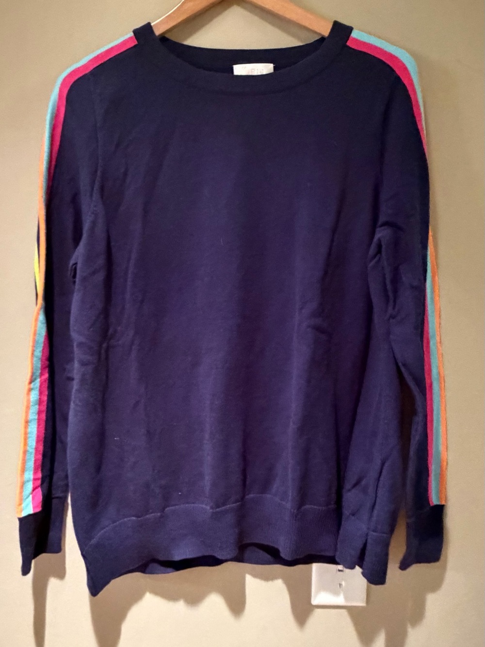 Belle by Kim Gravel Navy Crew Sweater with Rainbow Shoulder Stripes